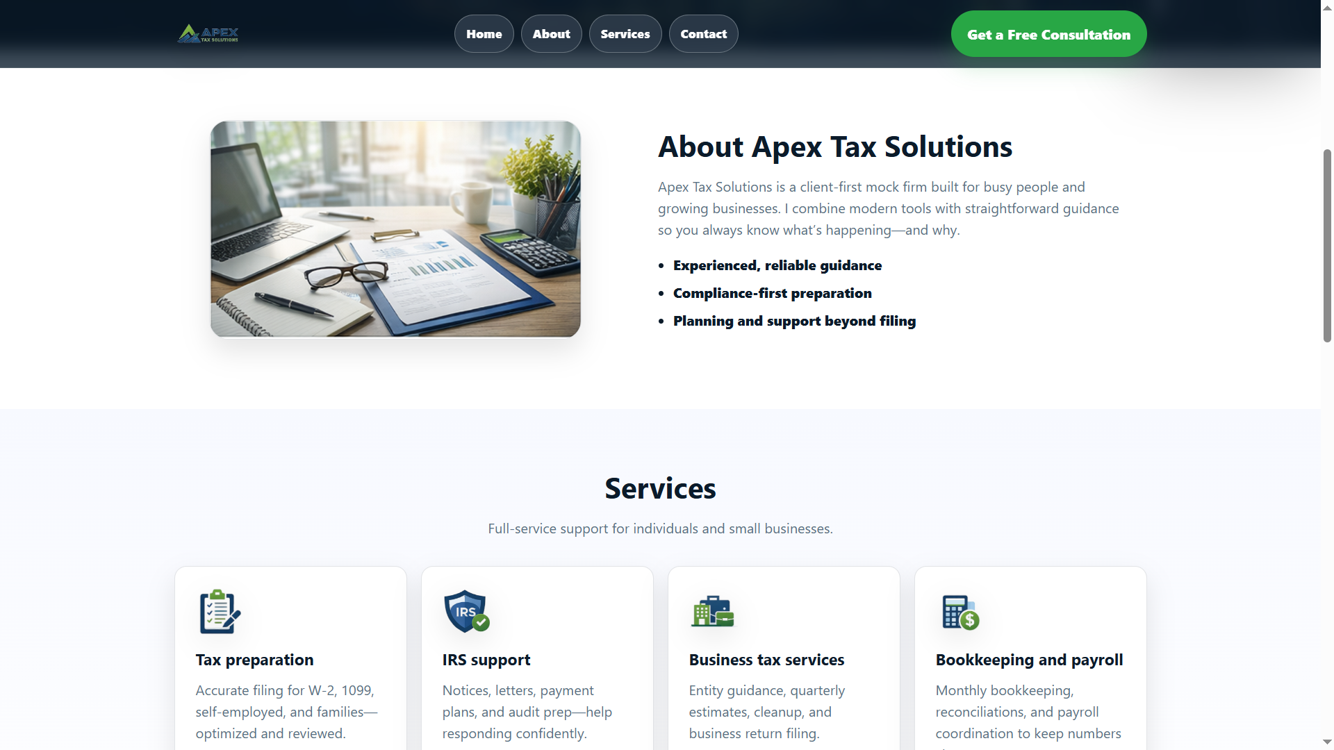 Apex Tax Solutions about section with testimonial cards